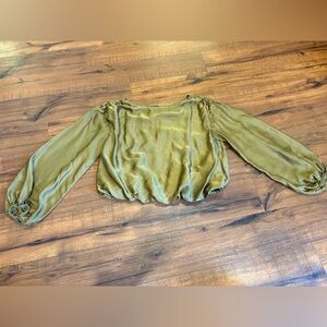 Anthropologie Balloon Sleeve Top S Small Silky Blouse Olive Green Satin